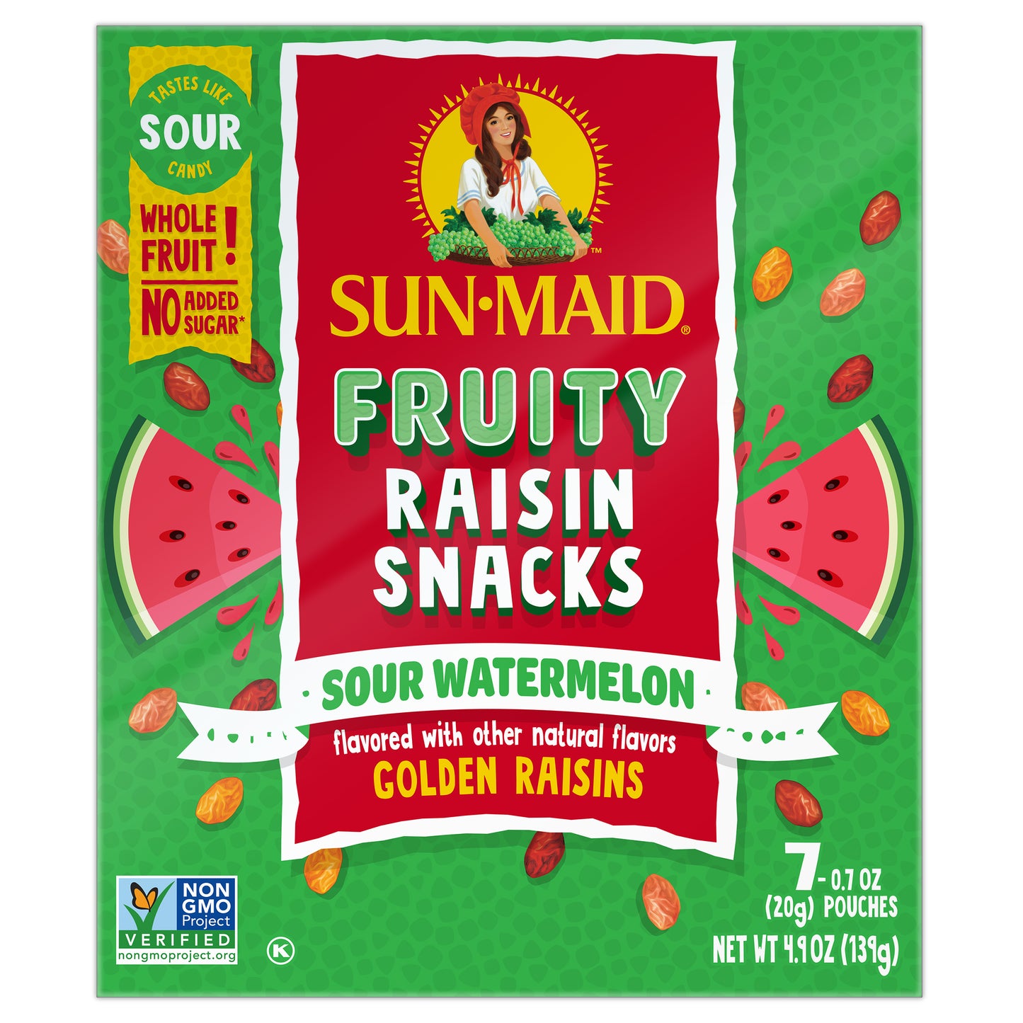 Sun-Maid Fruity Raisin Snacks Sour Watermelon Golden Raisins 7 Pouches (20gm Each)
