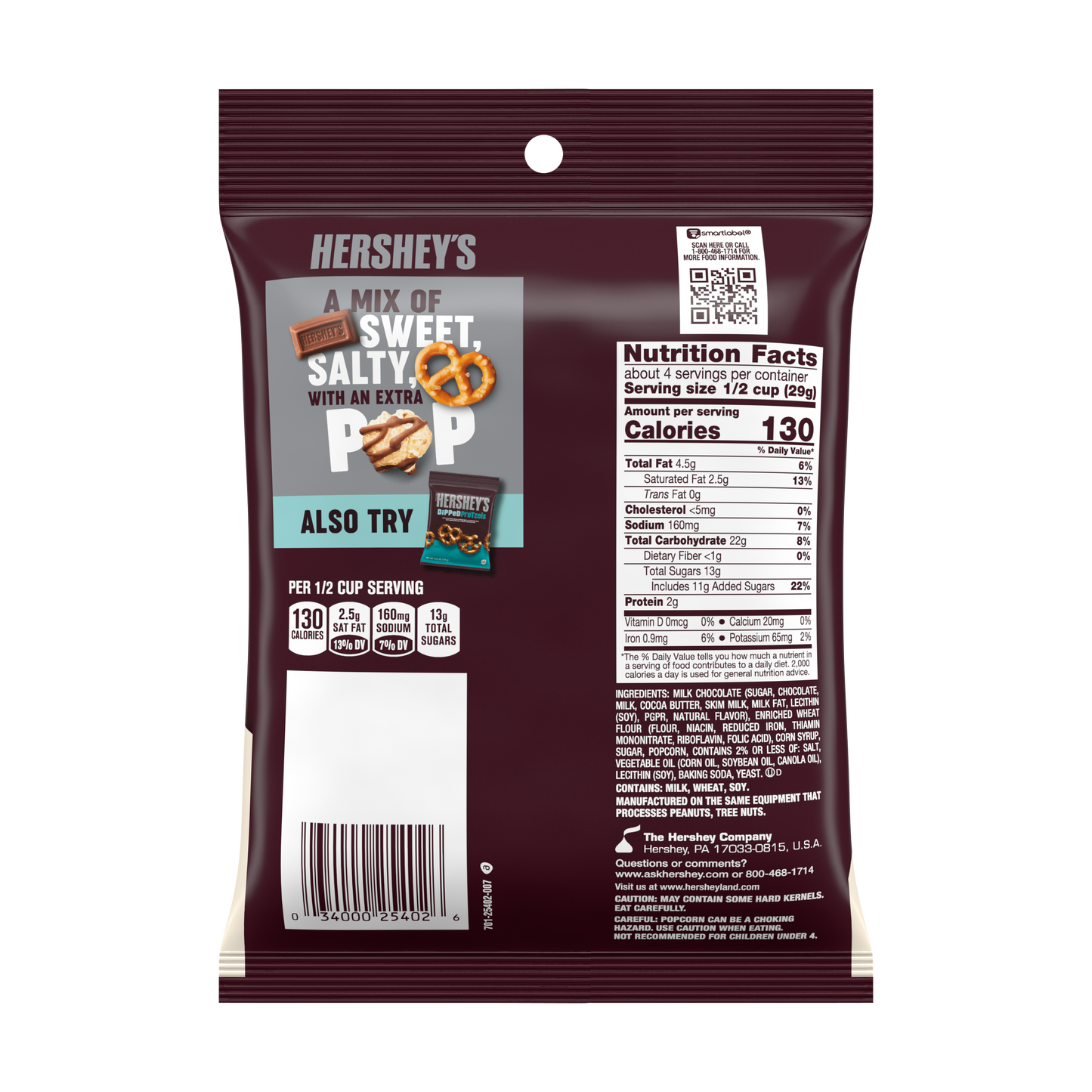 Hershey's Milk Chocolate, Popcorn and Pretzel Popped Snack Mix Bag 113gm