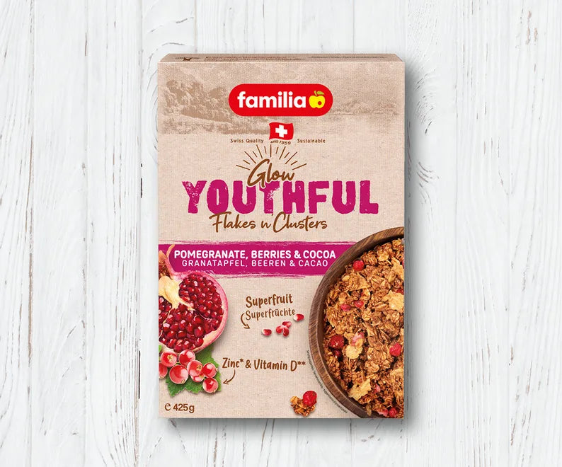 Familia Flakes n Clusters Cereal - Youthful Pomegranate Berries & Cocoa 425gm