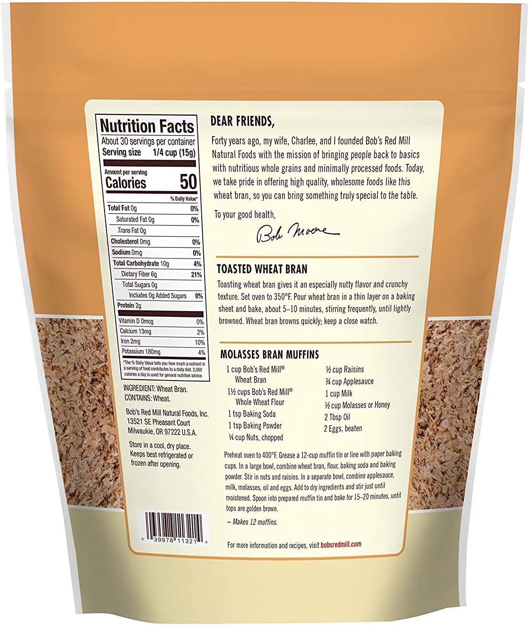 Bob's Red Mill High Fiber Wheat Bran, Non-GMO 454gm