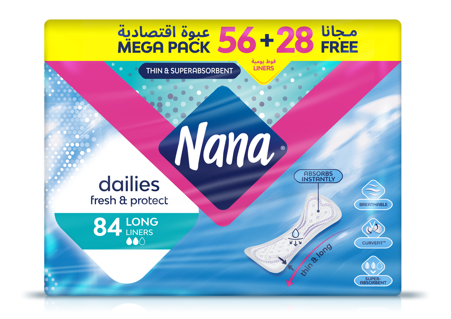 Nana Mega Pack,Thin & Superabsorbent Long Liners 56 + 28 Free ( 84 Liners)
