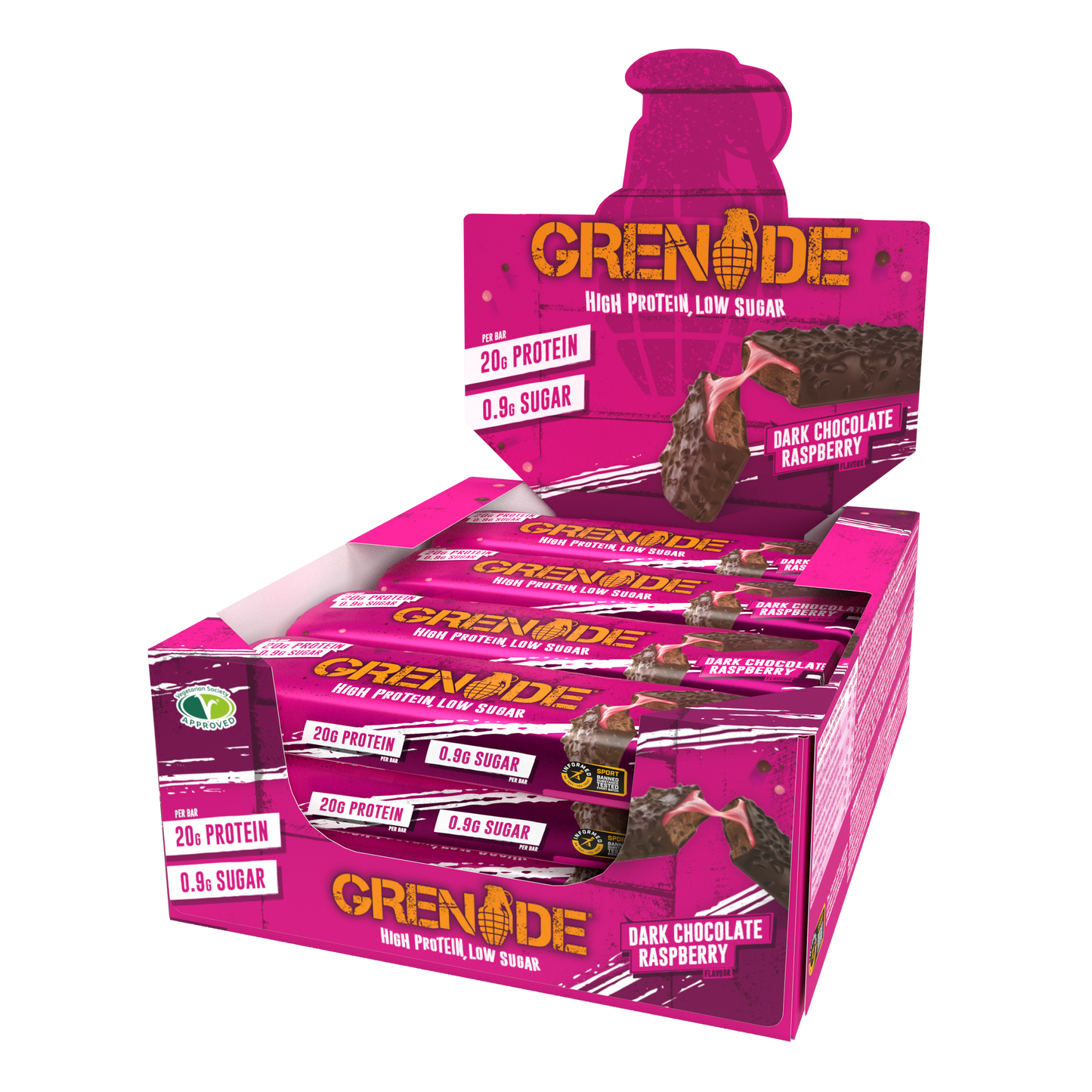 Grenade Dark Chocolate Raspberry - High Protein Bar - Low Sugar (60gm x 12) Box