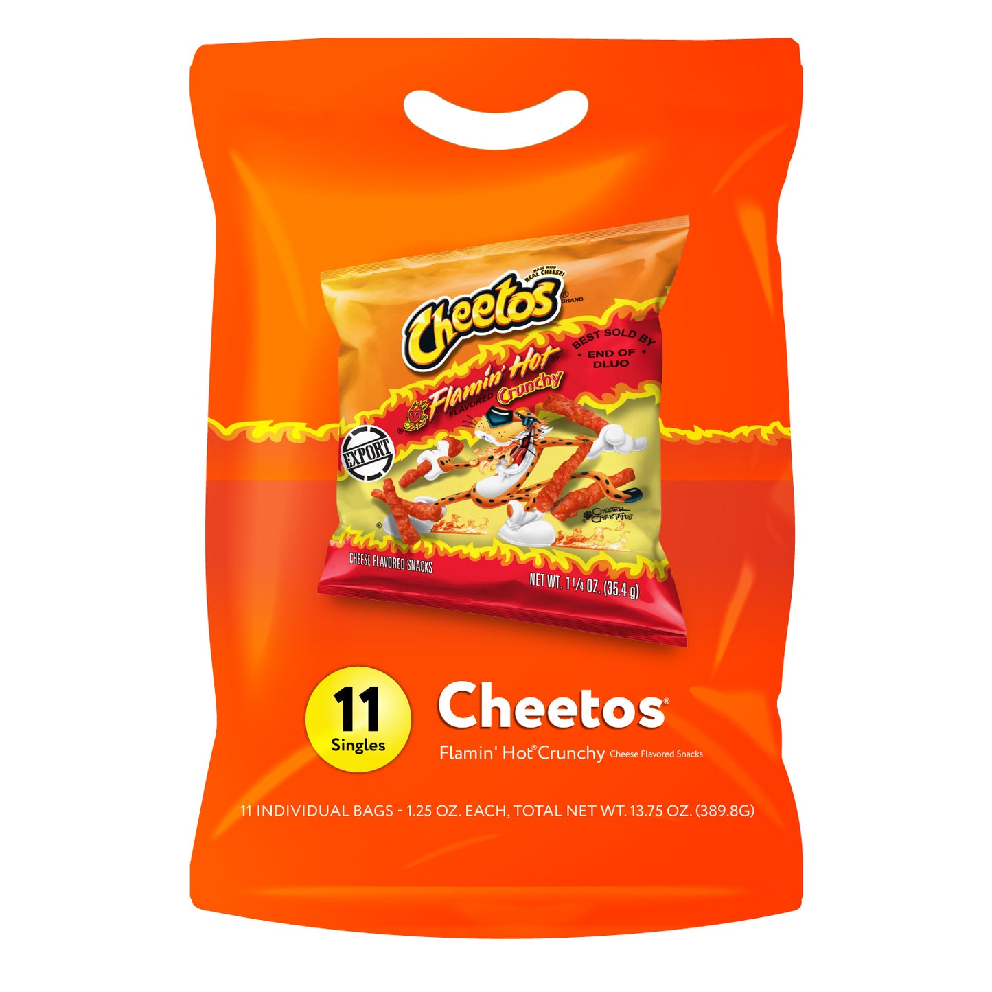 Cheetos Crunchy Flaming Hot Cheese Flavored Snack, Made with Real Cheese, 11 Pack 13.75 OZ (390g) – Export