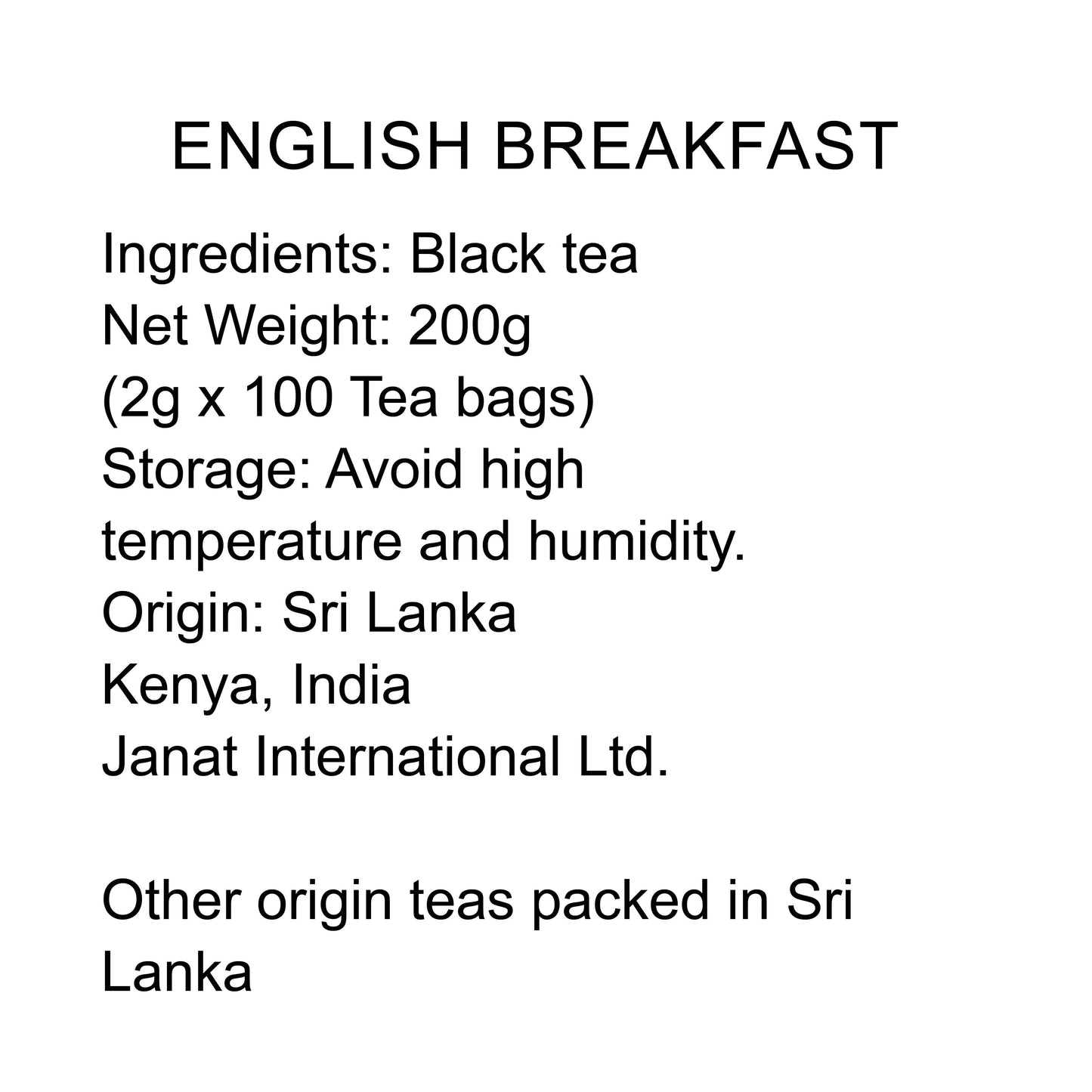 Janat Professional Series Ziplock English Breakfast 100 Tea Bags