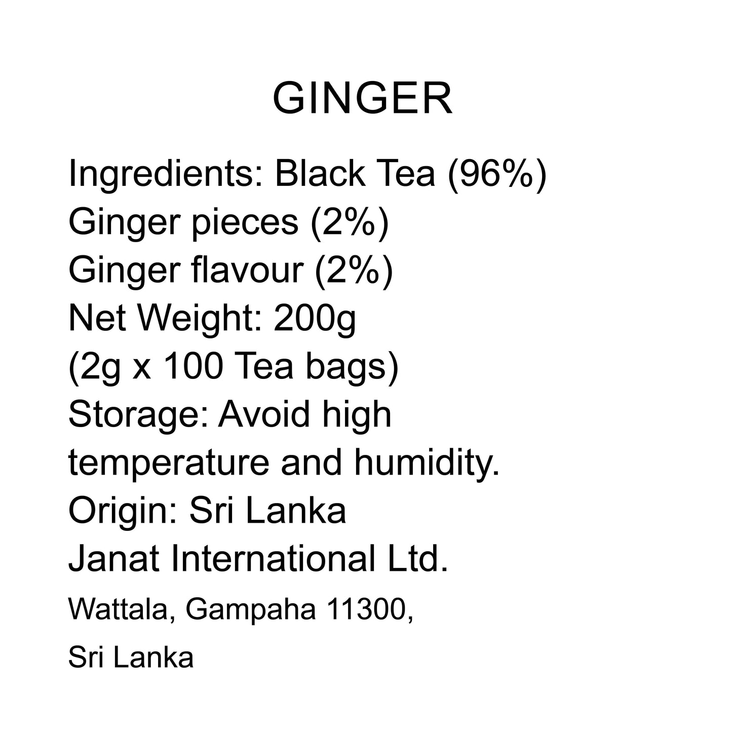 Janat Professional Series Ziplock Long Life Ginger 100 Tea Bags