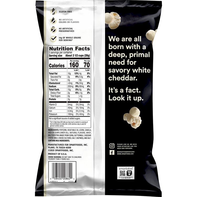 Smartfood White Cheddar Flavored Gluten Free Popcorn 5.5 OZ (156g) - Export