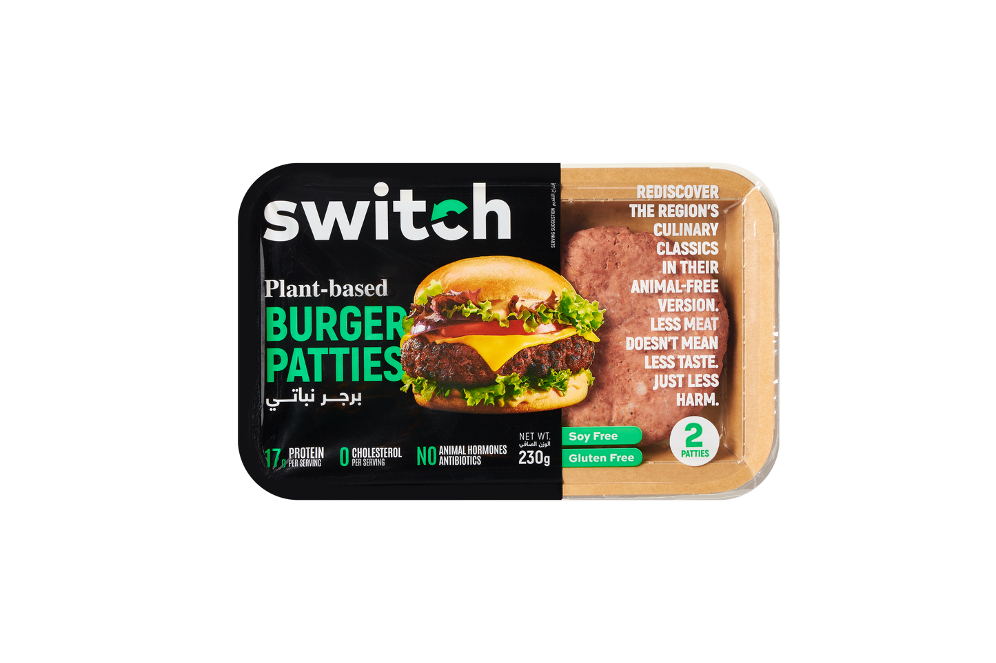 Switch 100% Plant-based Burger Patties, 230g, GMO-free, Cholesterol-free, Soy-free, Gluten-free, Dairy-free, Halal (2 Patties)(Frozen)