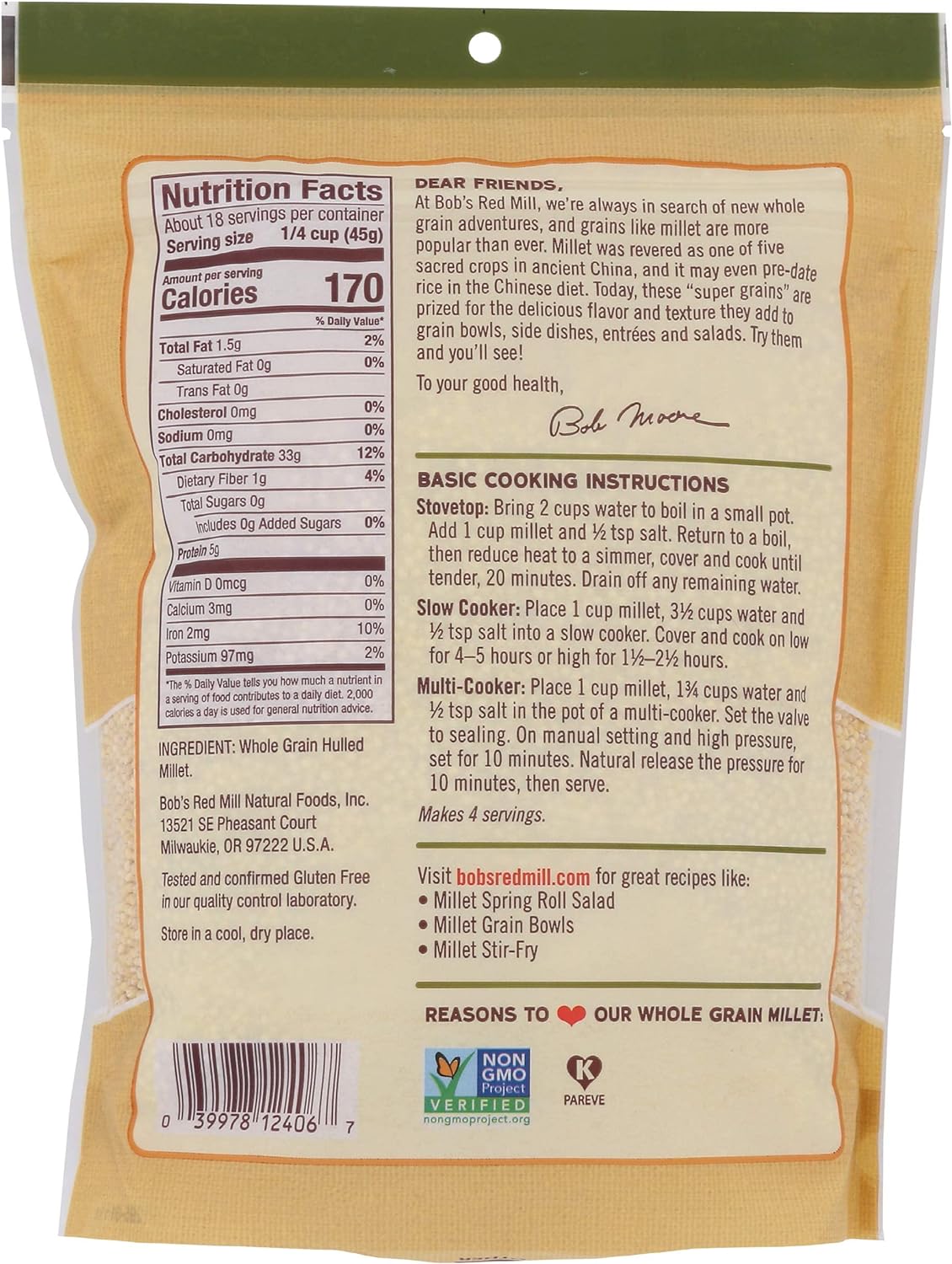 Bob's Red Mill Whole Grain Millet, Gluten Free, Non-GMO 794gm