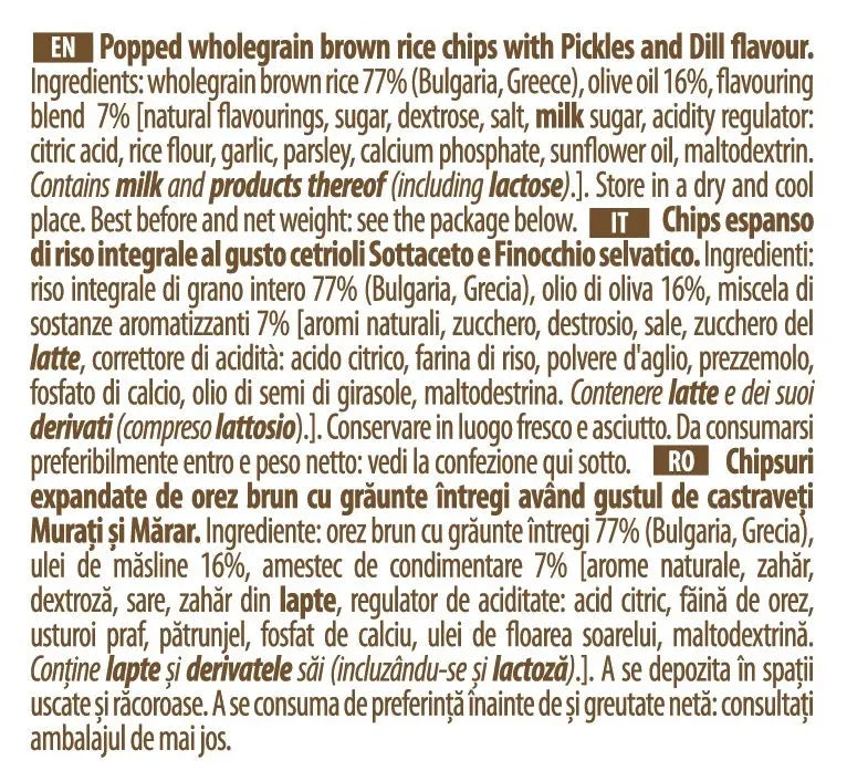 Rice Up Whole Grain Rice Chips Pickles & Dills 60G Rice Up