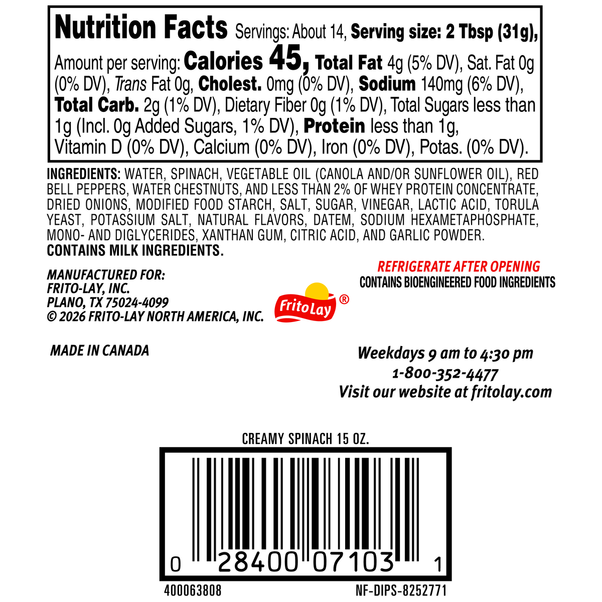 Tostitos Creamy Spinach Dip, Made with Real Spinach  15 OZ (425g) - Export
