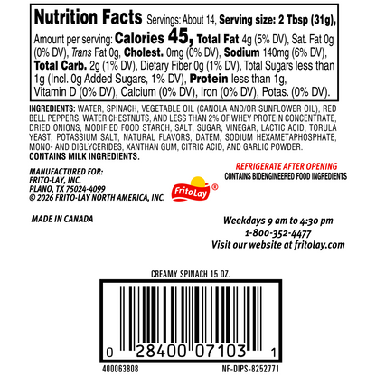 Tostitos Creamy Spinach Dip, Made with Real Spinach  15 OZ (425g) - Export