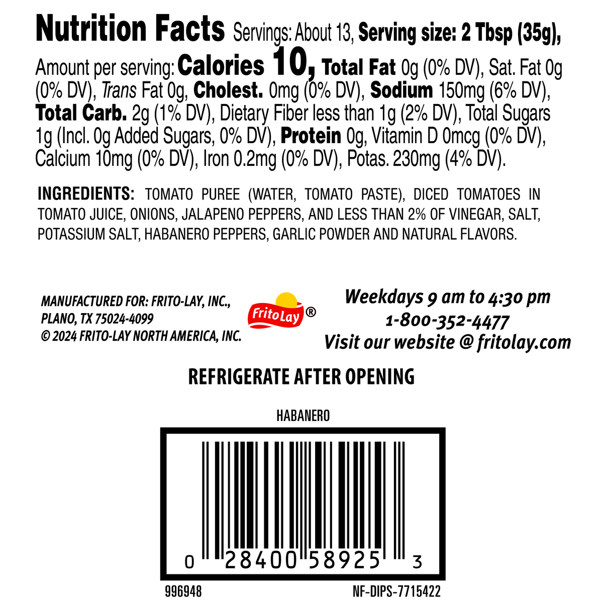 Tostitos Chunky Habanero Salsa Hot 15.5 OZ (439g) - Export