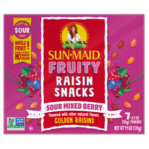 Sun-Maid Fruity Raisin Snacks Sour Mixed Berry Golden Raisins 7 Pouches (20gm Each)