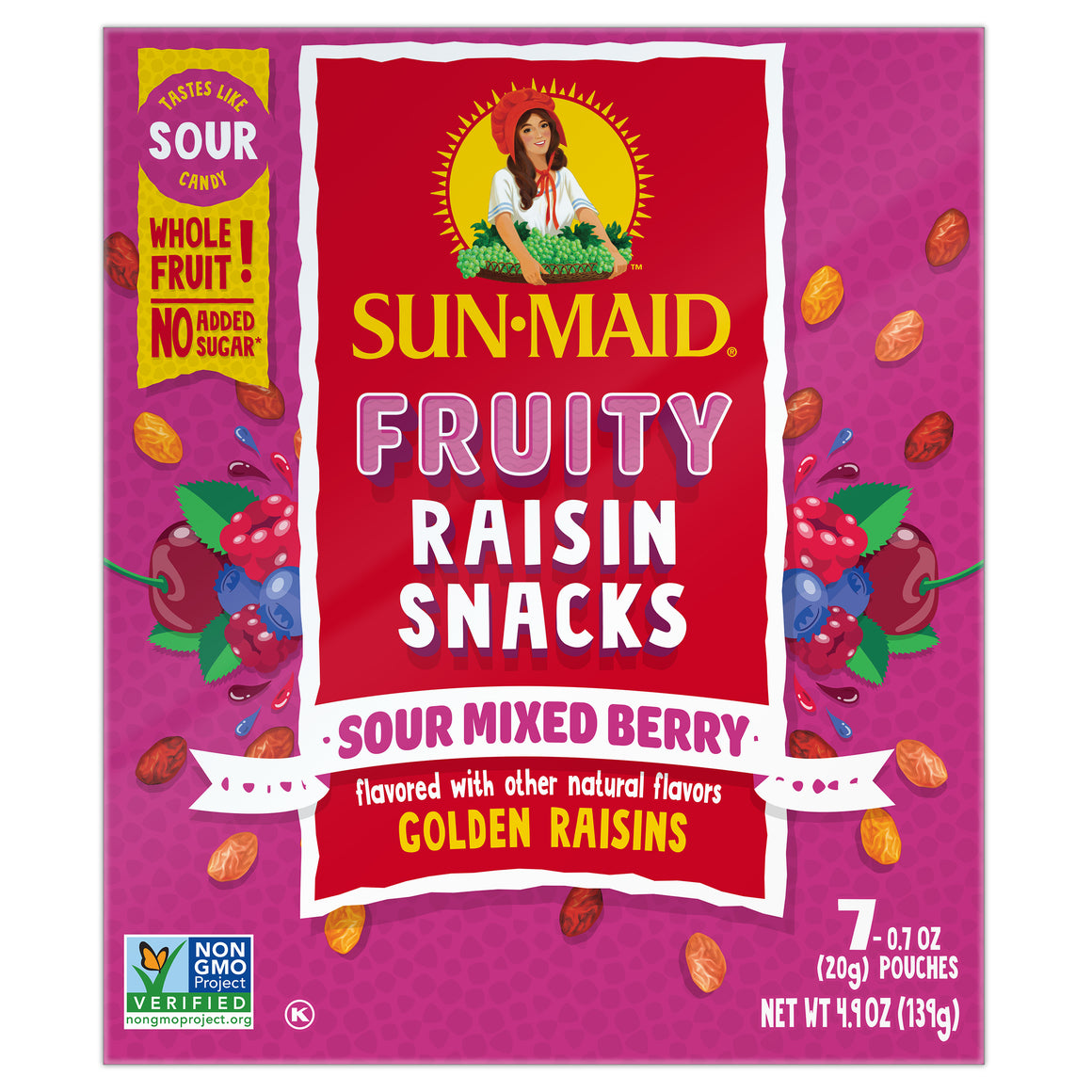 Sun-Maid Fruity Raisin Snacks Sour Mixed Berry Golden Raisins 7 Pouches (20gm Each)