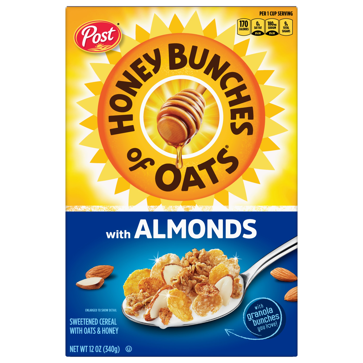 Post Honey Bunches of Oats Almond, Low Fat, with Whole Grain Cereal 340gm