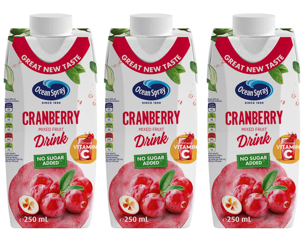 Ocean Spray Cranberry Fruit Drink No Sugar Added, 250ml, Pack of 3