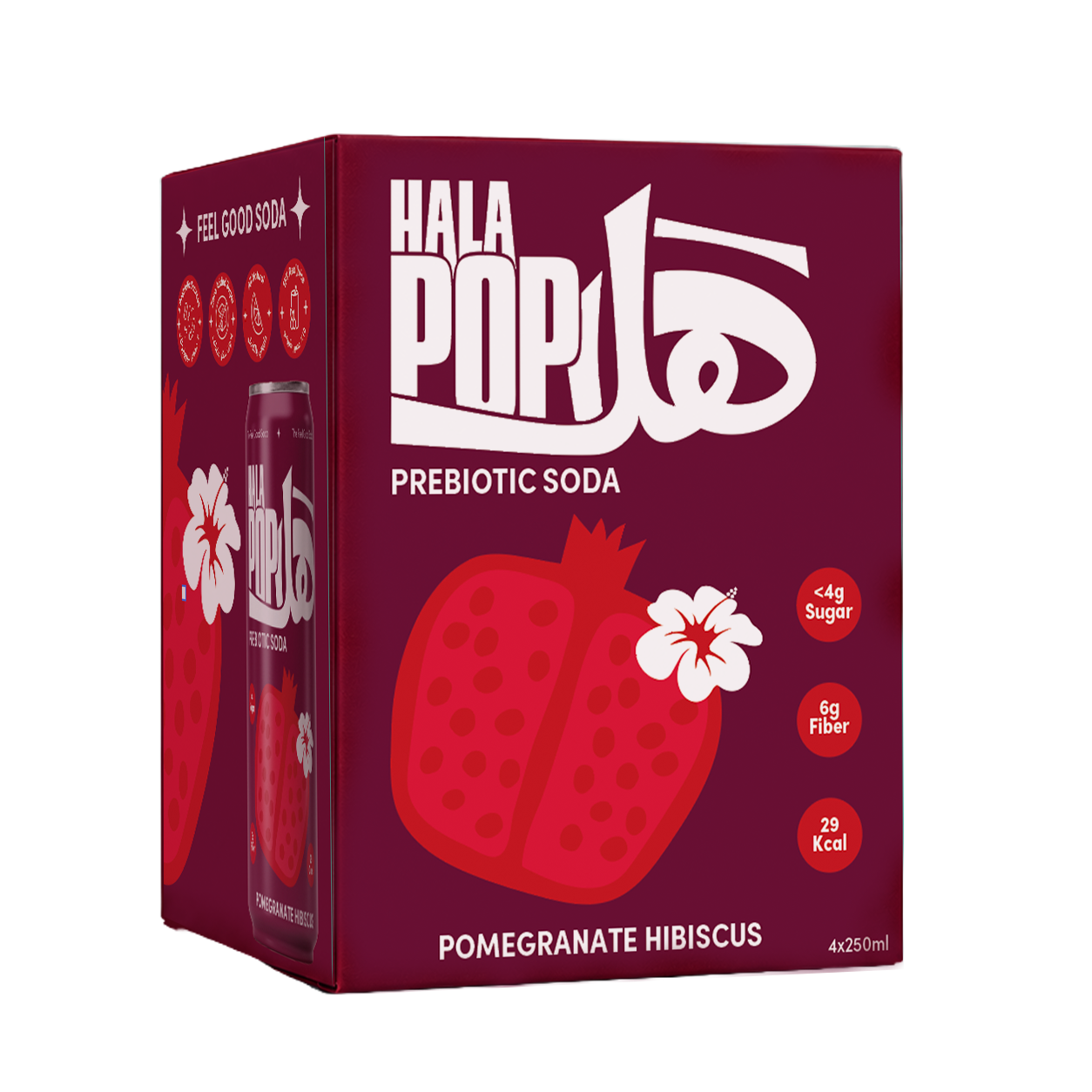 HALAPOP Probiotic Soda Pomegranate Hibiscus Pack of 4 - (250mlx4)