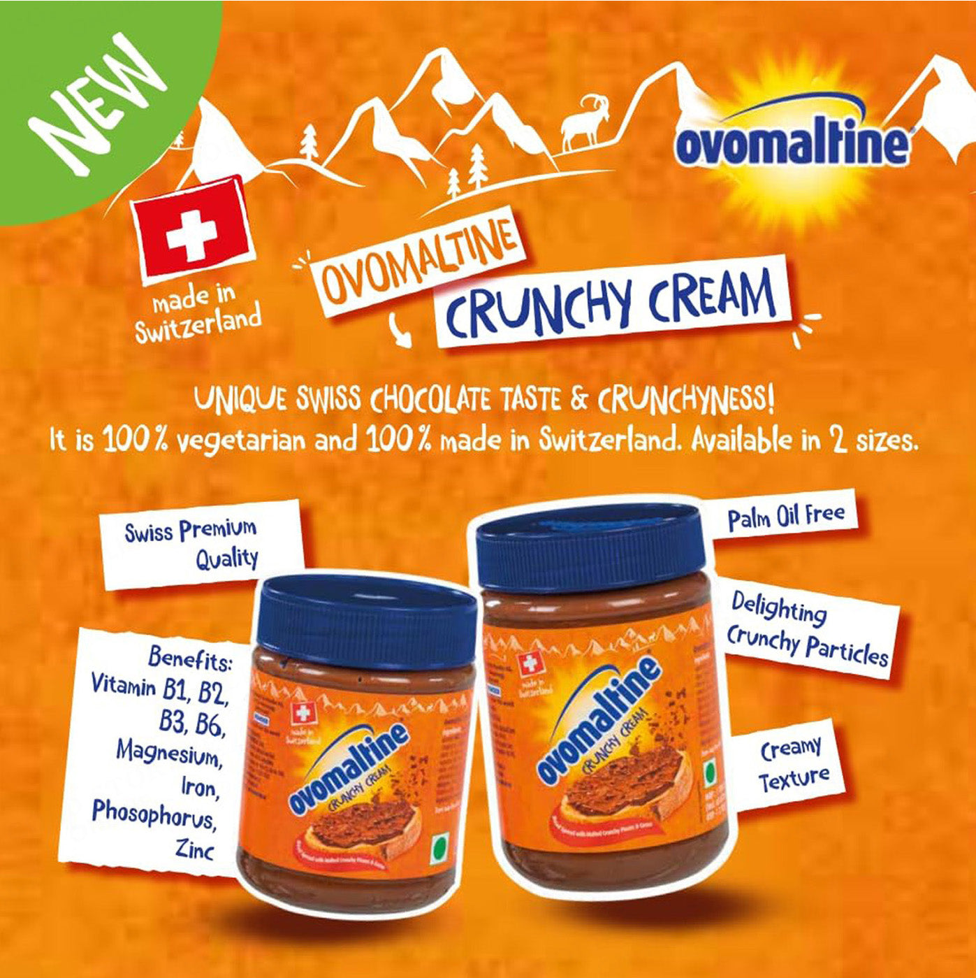 Ovomaltine Swiss Chocolate Spread with Malty Crunchy Pieces & Cocoa, 33% Malt,680g