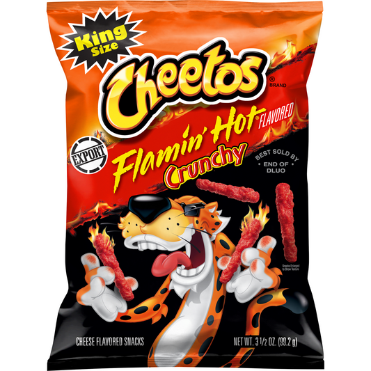 Cheetos Crunchy Flaming Hot Cheese Flavored Snack, Made with Real Cheese, King Size 3.5 OZ (99g) - Export