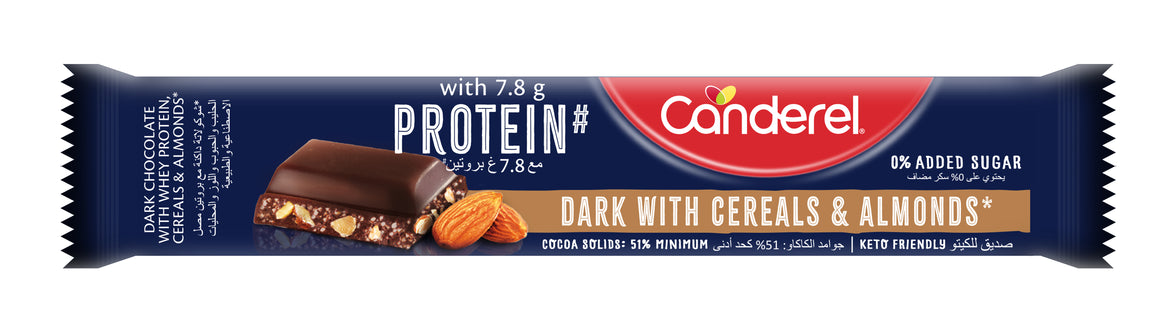 Canderel Dark Chocolate with Whey Protein, Cereals & Almonds, 0% Added Sugar, 30g