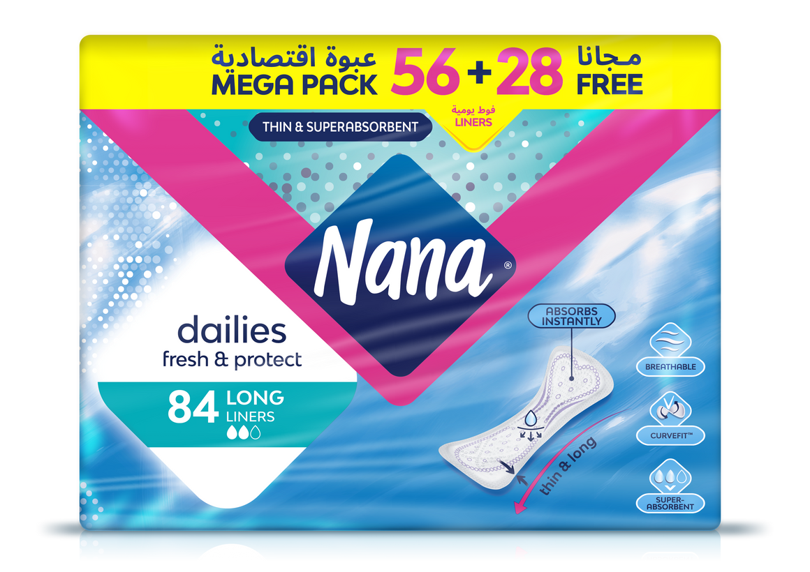 Nana Mega Pack,Thin & Superabsorbent  Long Liners 56 + 28 Free ( 84 Liners)