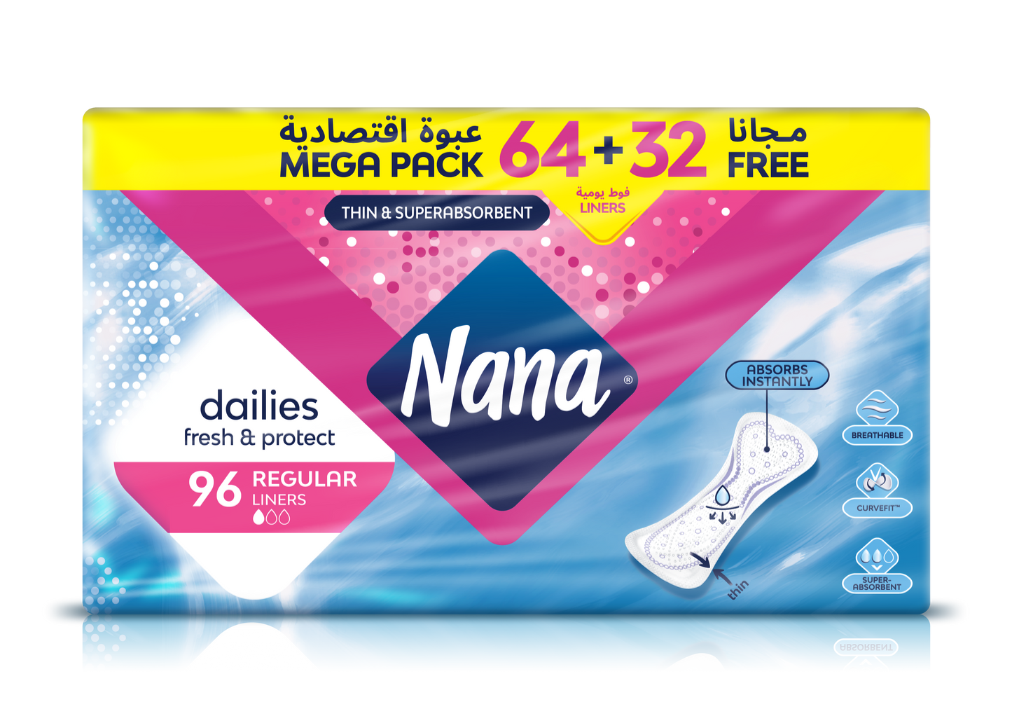 Nana Mega Pack,Thin & Superabsorbent Regular Liners 64 + 32 Free ( 96 Liners)