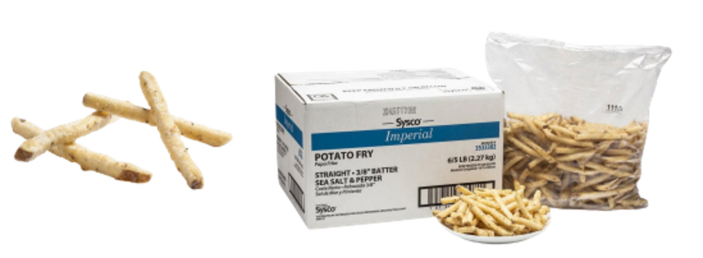 Sysco Imperial Potato Fry Straight 3/8 Sea Salt & Pepper Battered 2.27Kg - Frozen