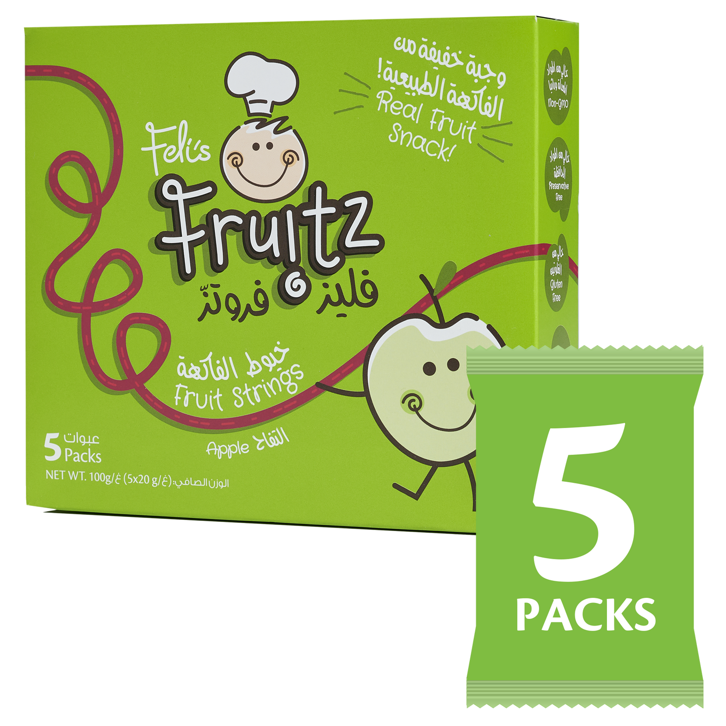 Feli's Fruitz Apple Fruit Strings - Real Fruit Snack - Vegan- Gluten Free 100gm (5x20gm)