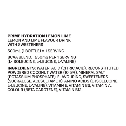 Prime Hydration Drink Lemon Lime Flavour 500ml (Pack of 12)