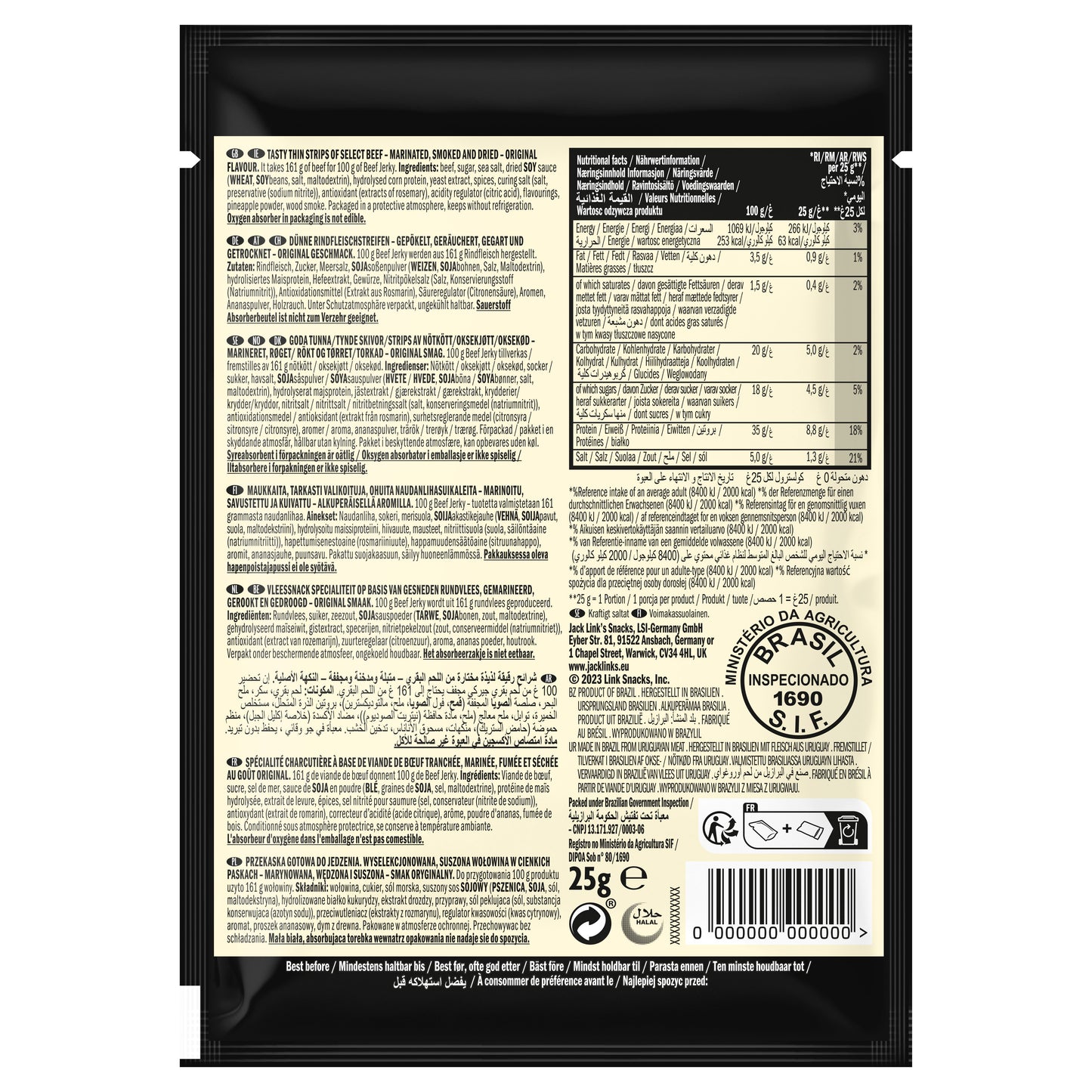 Jack Link’s, Mr/.Beast Beef Jerky Original - High Protein Meat Snack - Dried Halal Beef- 1X25Gr