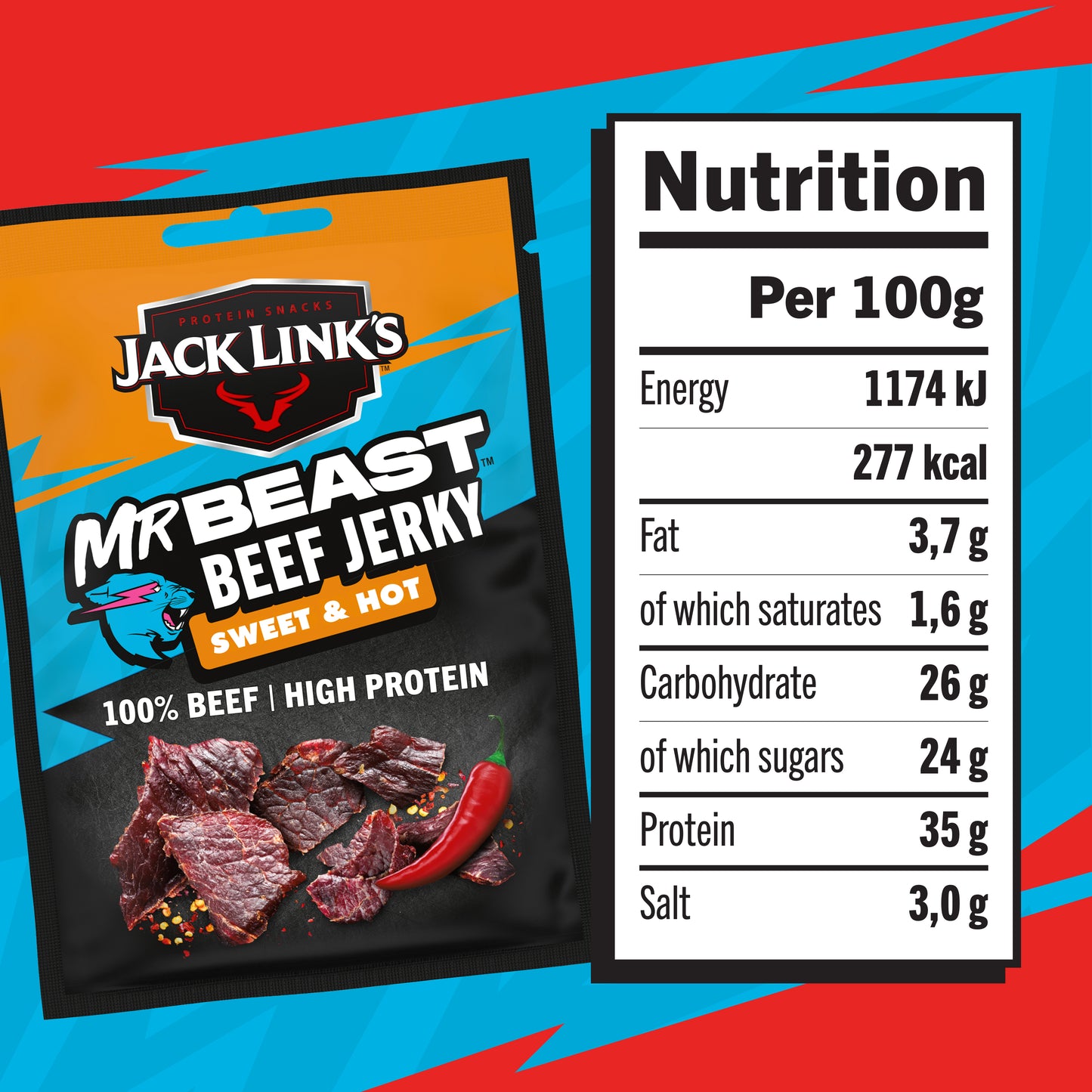 Jack Link’s, Mr.Beast Beef Jerky Sweet & Hot -High Protein Meat Snack - Dried Halal Beef- 1X25Gr