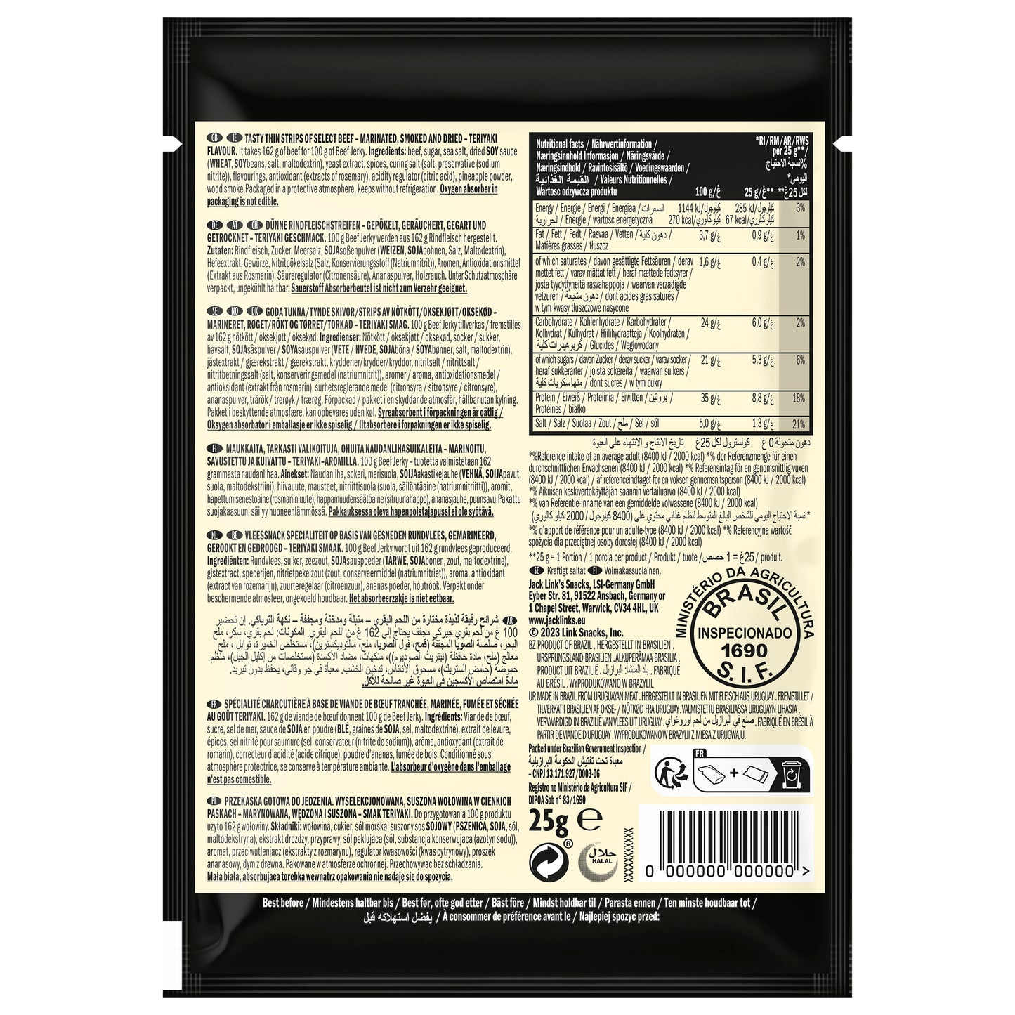 Jack Link’s, Mr.Beast Beef Jerky Teriyaki - High Protein Meat Snack - Dried Halal Beef- 1X25Gr