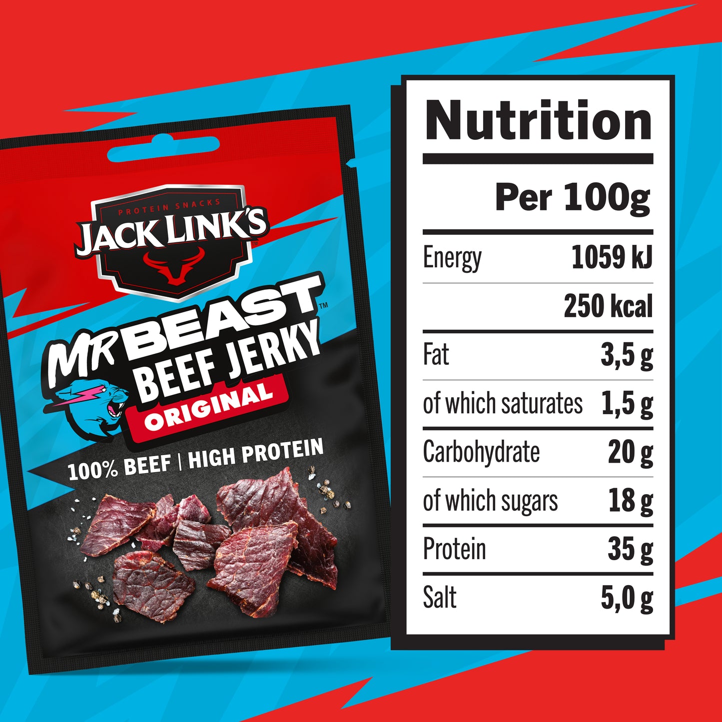Jack Link’s, Mr.Beast  Beef Jerky Original - High Protein Meat Snack - Dried Halal Beef- 1X40Gr