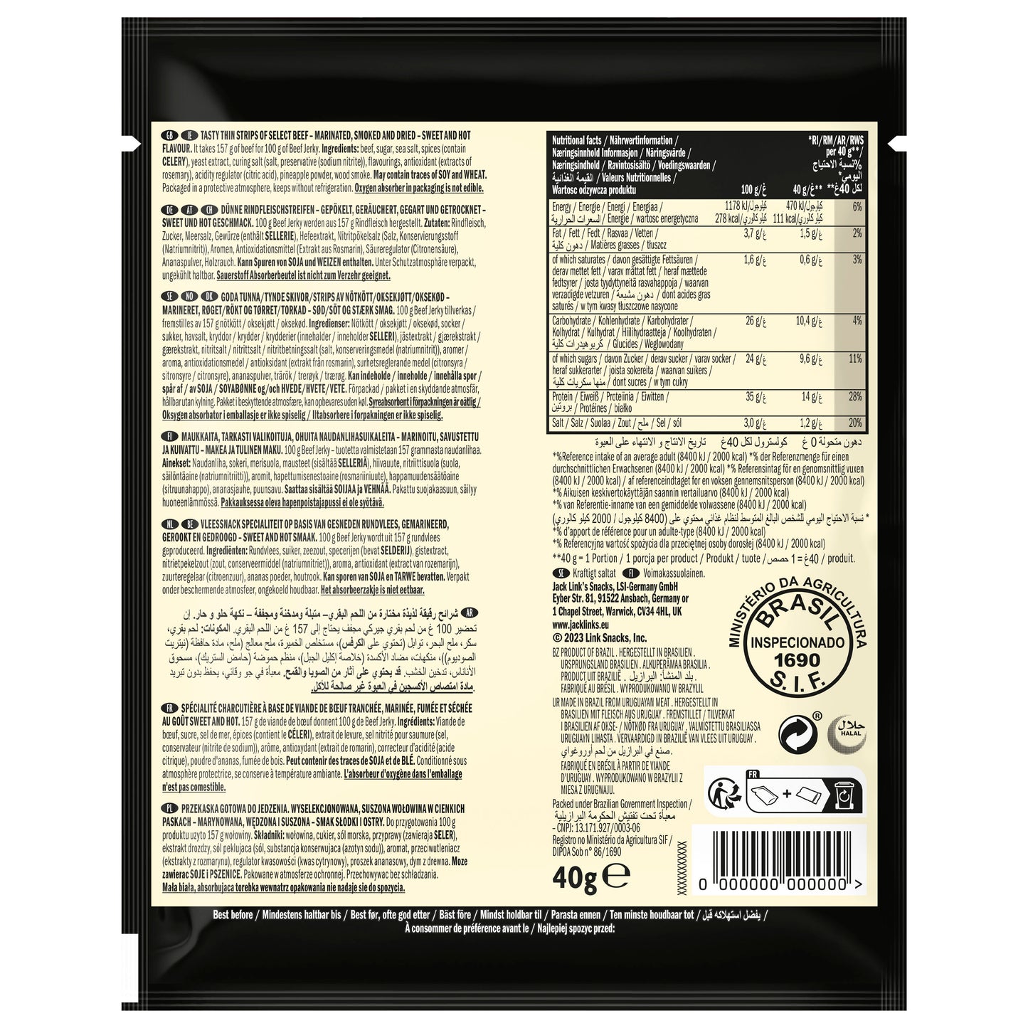 Jack Link’s, Mr.Beast Beef Jerky Sweet & Hot - High Protein Meat Snack - Dried Halal Beef- 1X40Gr