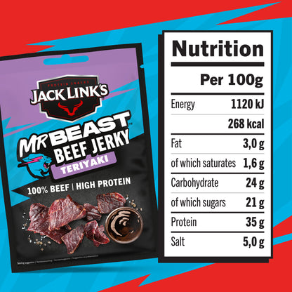 Jack Link’s, Mr.Beast Beef Jerky Teriyaki - High Protein Meat Snack - Dried Halal Beef- 1X60Gr