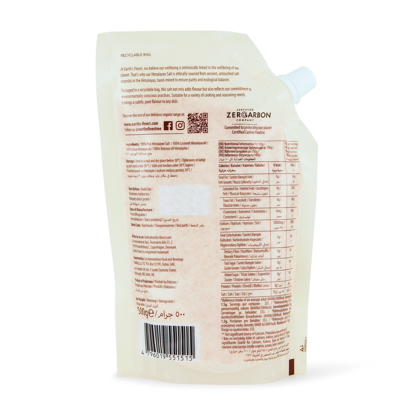 Earth's Finest Pink Himalayan Salt - Fine 500g