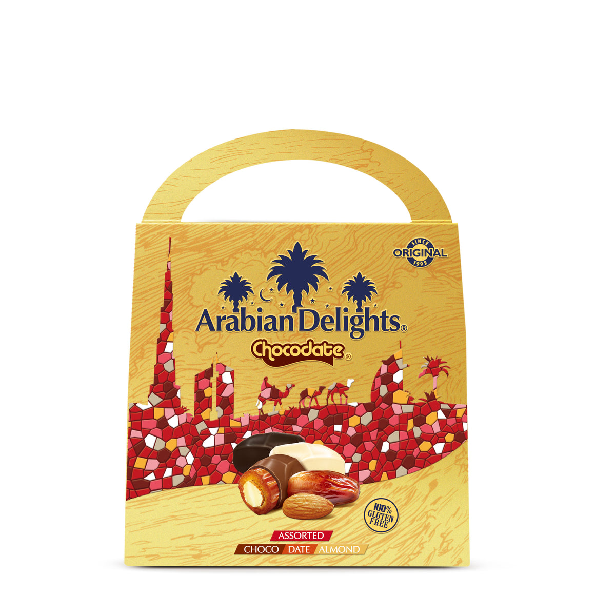 Arabian Delights Assorted Chocodate, Classic Chocolate Coated Bite-Sized Snacks, Stuffed w/ Golden Roasted Almonds ,Dates| Snacks & Sweets 500g Pouch