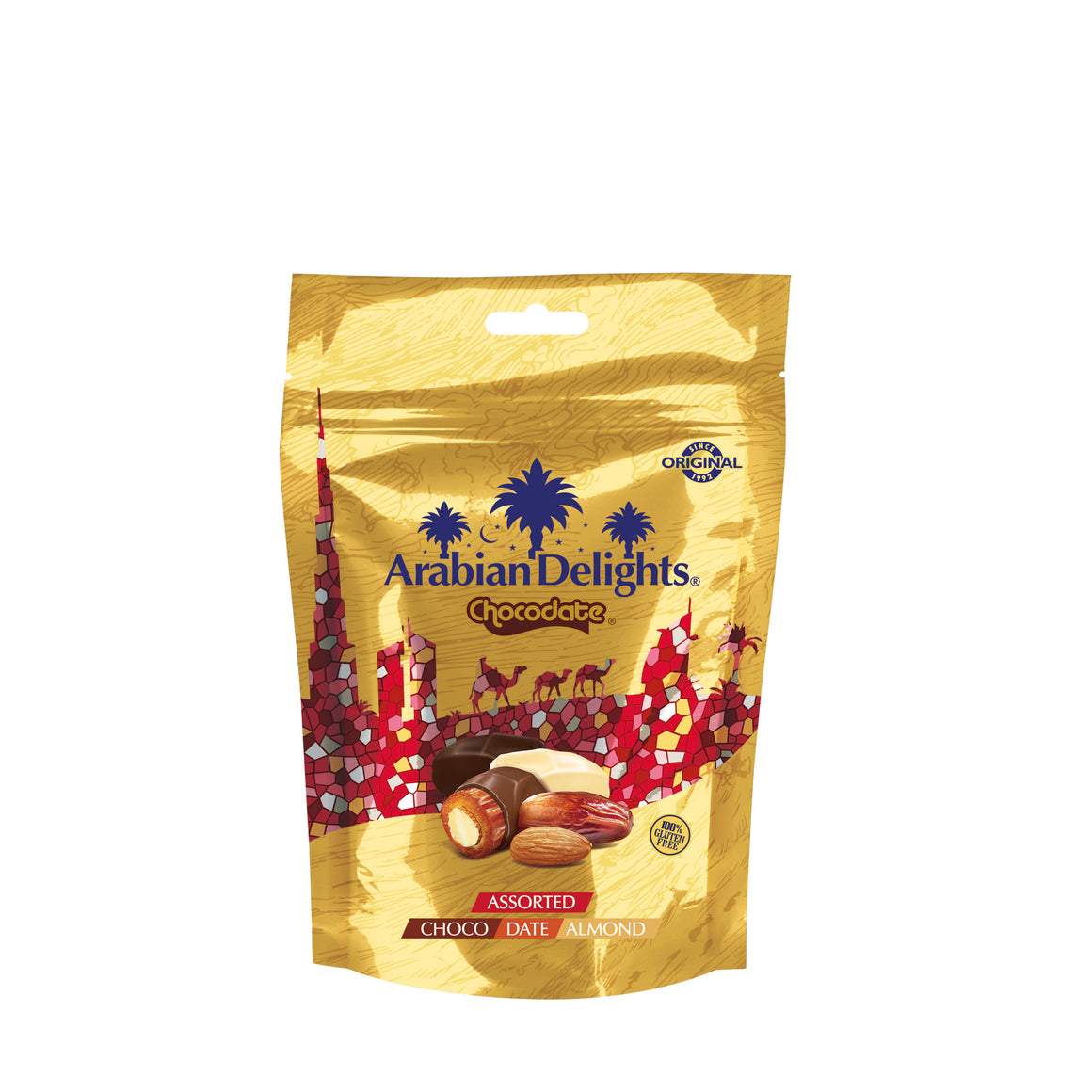 Arabian Delights Assorted Chocodate, Classic Chocolate Coated Bite-Sized Snacks, Stuffed w/ Golden Roasted Almonds ,Dates| Snacks & Sweets 90g Pouch
