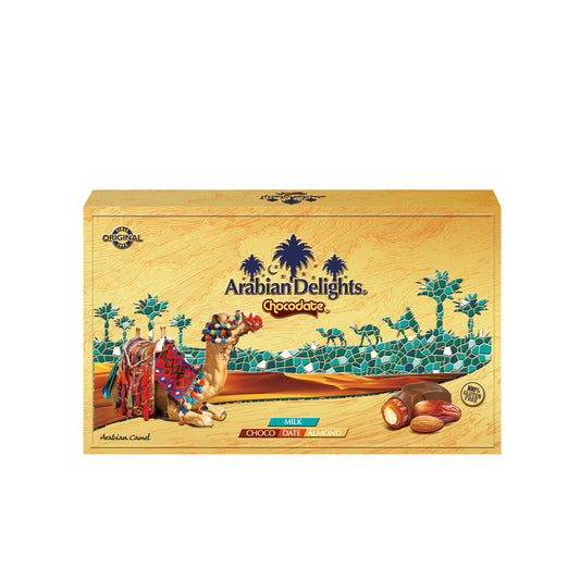 Arabian Delights Milk Chocodate, Classic Chocolate Coated Bite-Sized Snacks, Stuffed w/ Golden Roasted Almonds ,Dates| Snacks & Sweets 150g Pouch