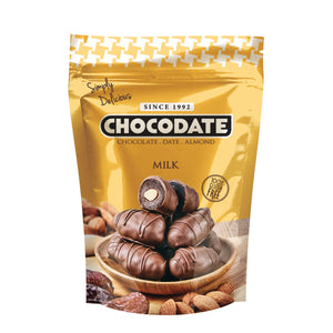 Chocodate Milk | Exquisite Bite Sized Delicacy | Handmade Treat - Rich Silky Chocolate - Velvety Arabian Date - Golden Roasted Almond - Perfect Snacking - 250Gm