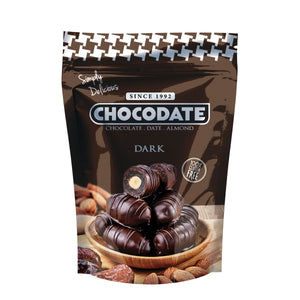 Chocodate Dark | Exquisite Bite Sized Delicacy | Handmade Treat - Rich Silky Chocolate - Velvety Arabian Date - Golden Roasted Almond - Perfect Snacking - 250Gm