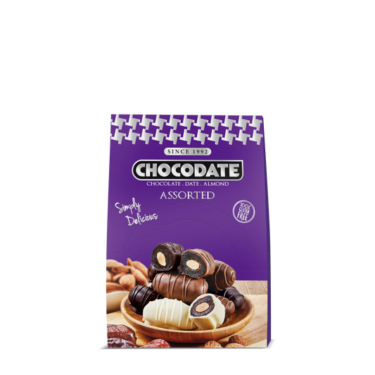 Chocodate Assorted | Exquisite Bite Sized Delicacy | Handmade Treat - Rich Silky Chocolate - Velvety Arabian Date - Golden Roasted Almond - Perfect Snacking - 33gm