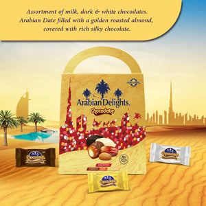 Arabian Delights Assorted Chocodate, Classic Chocolate Coated Bite-Sized Snacks, Stuffed w/ Golden Roasted Almonds ,Dates| Snacks & Sweets 725g Pouch