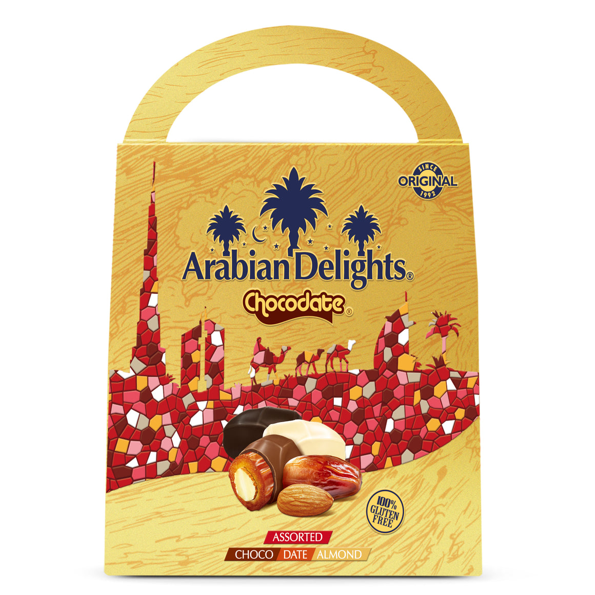 Arabian Delights Assorted Chocodate, Classic Chocolate Coated Bite-Sized Snacks, Stuffed w/ Golden Roasted Almonds ,Dates| Snacks & Sweets 725g Pouch