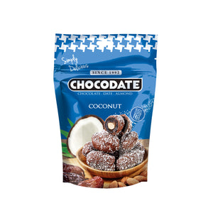 Chocodate Coconut  | Exquisite Bite Sized Delicacy | Handmade Treat - Rich Silky Chocolate - Velvety Arabian Date - Golden Roasted Almond - 90gms