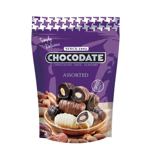 Chocodate Assorted | Exquisite Bite Sized Delicacy | Handmade Treat - Rich Silky Chocolate - Velvety Arabian Date - Golden Roasted Almond - Perfect Snacking - 250gms