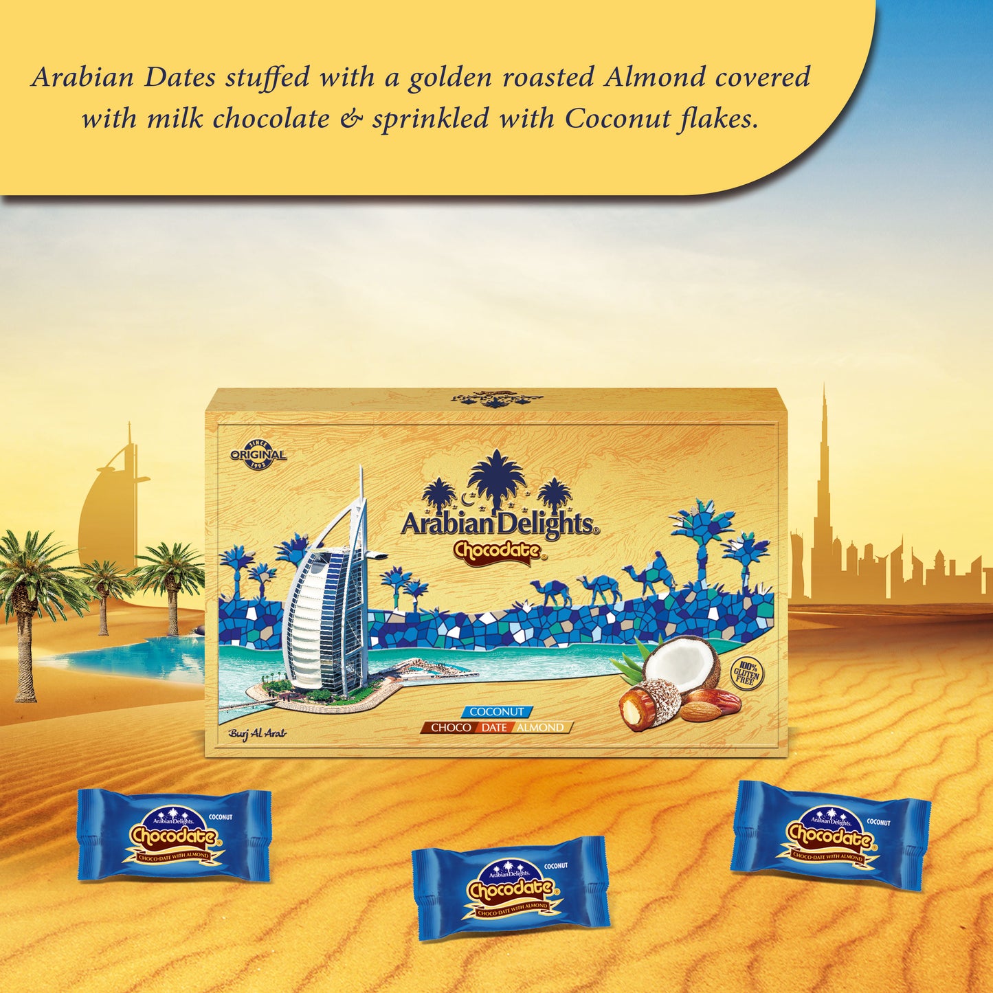 Arabian Delights Chocodate with Coconut, Chocolate Coated Bite-Sized Snacks, Stuffed w/ Golden Roasted Almonds, Dates | Snacks & Sweets - 150 gm