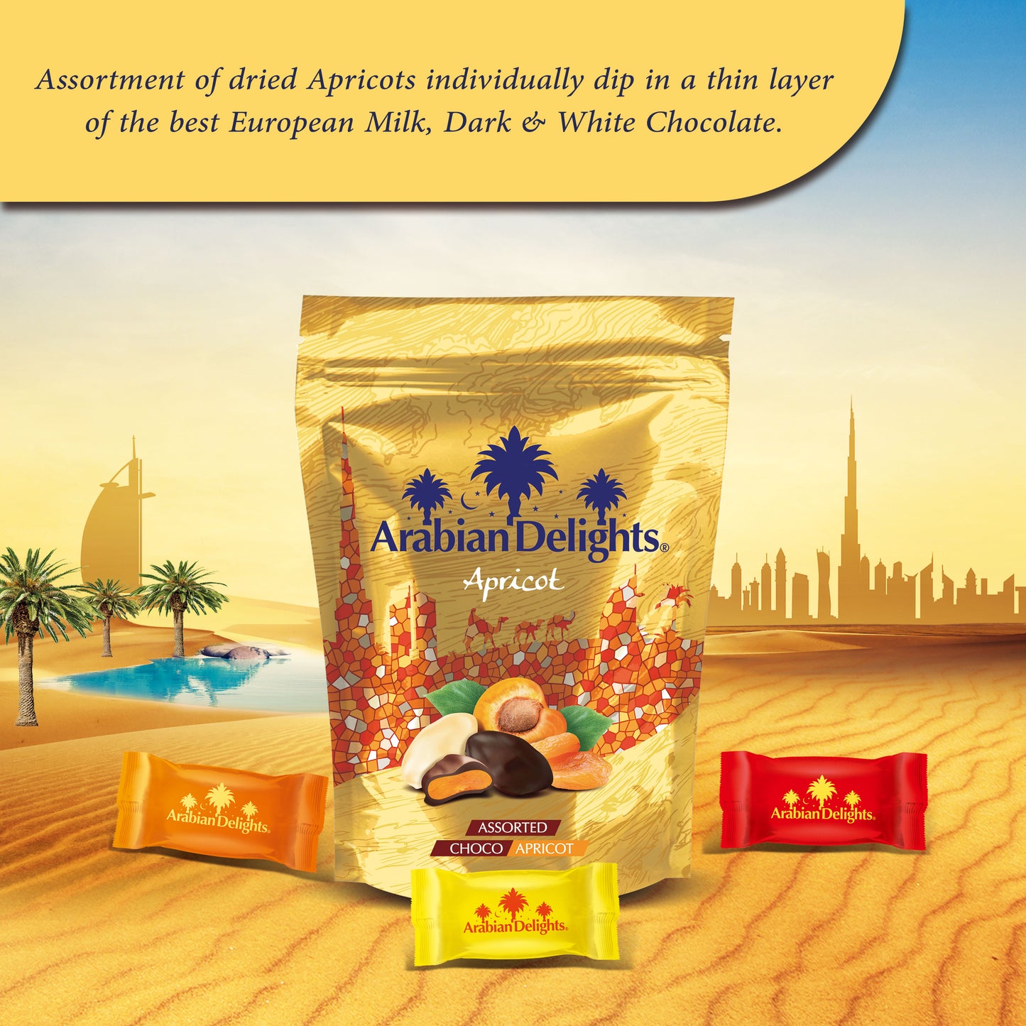 Arabian Delights Chocolate Apricots ,Assorted Pack, Coated Bite-Sized Snacks| Snacks & Sweets- 250 gm.