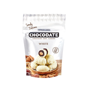 Chocodate White | Exquisite Bite Sized Delicacy | Handmade Treat - Rich Silky Chocolate - Velvety Arabian Date - Golden Roasted Almond - Perfect Snacking - 100gms