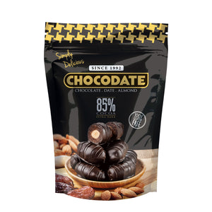 Chocodate Extra Dark | Exquisite Bite Sized Delicacy | Handmade Treat - Rich Silky Chocolate - Velvety Arabian Date - Golden Roasted Almond - Perfect Snacking - 250Gm
